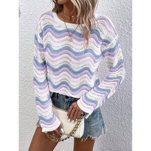 zig zag striped soft knit sweater purple white